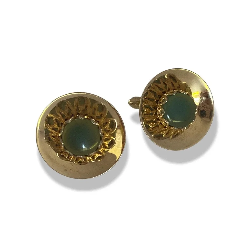 SWANK Gold Tone and Jade Cabochon Cufflinks